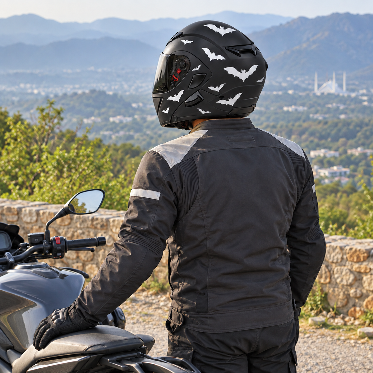 Rider wearing Bats Helmet Sticker Set — approved lifestyle preview