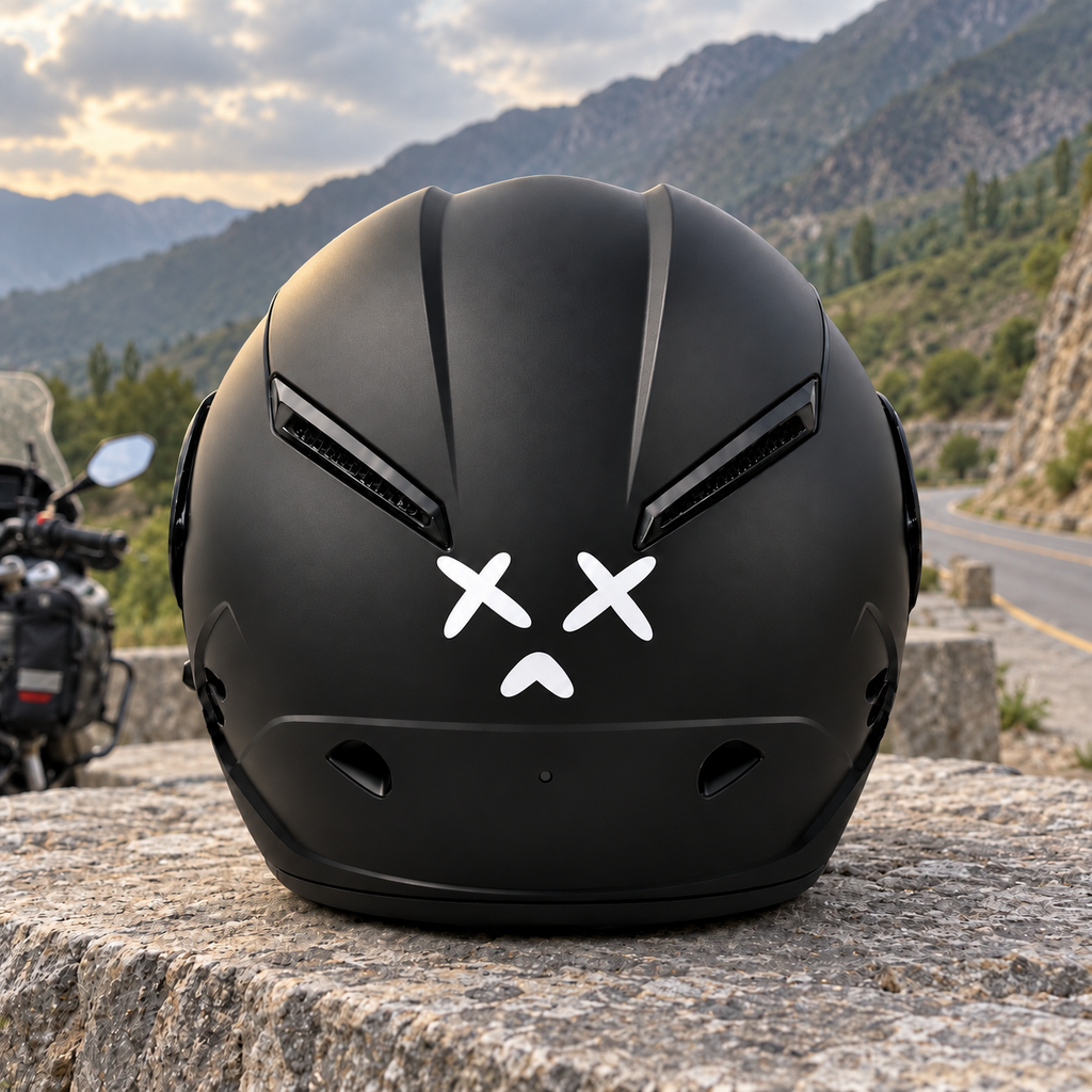 Cross Face Helmet Sticker — approved helmet-only lifestyle photograph