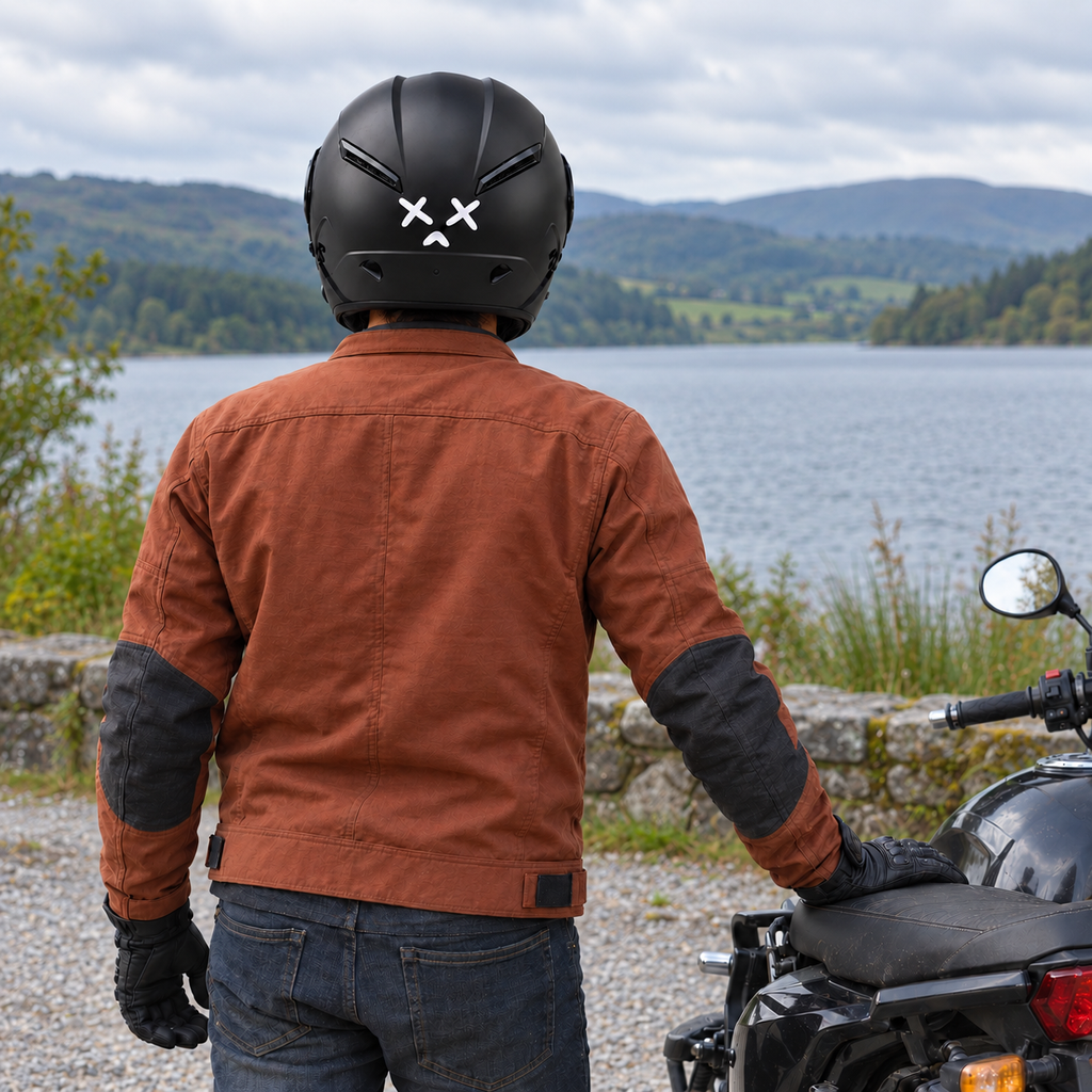 Rider wearing Cross Face Helmet Sticker — approved lifestyle preview