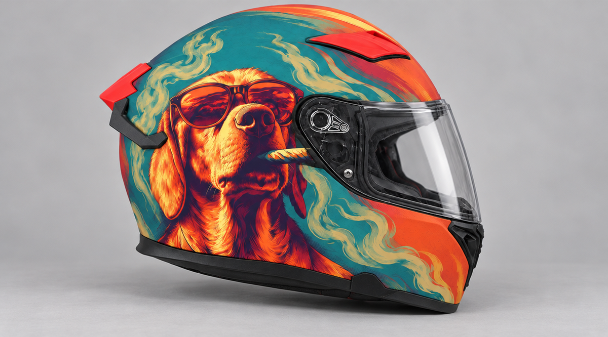 Right-side view of the dog artwork helmet wrap