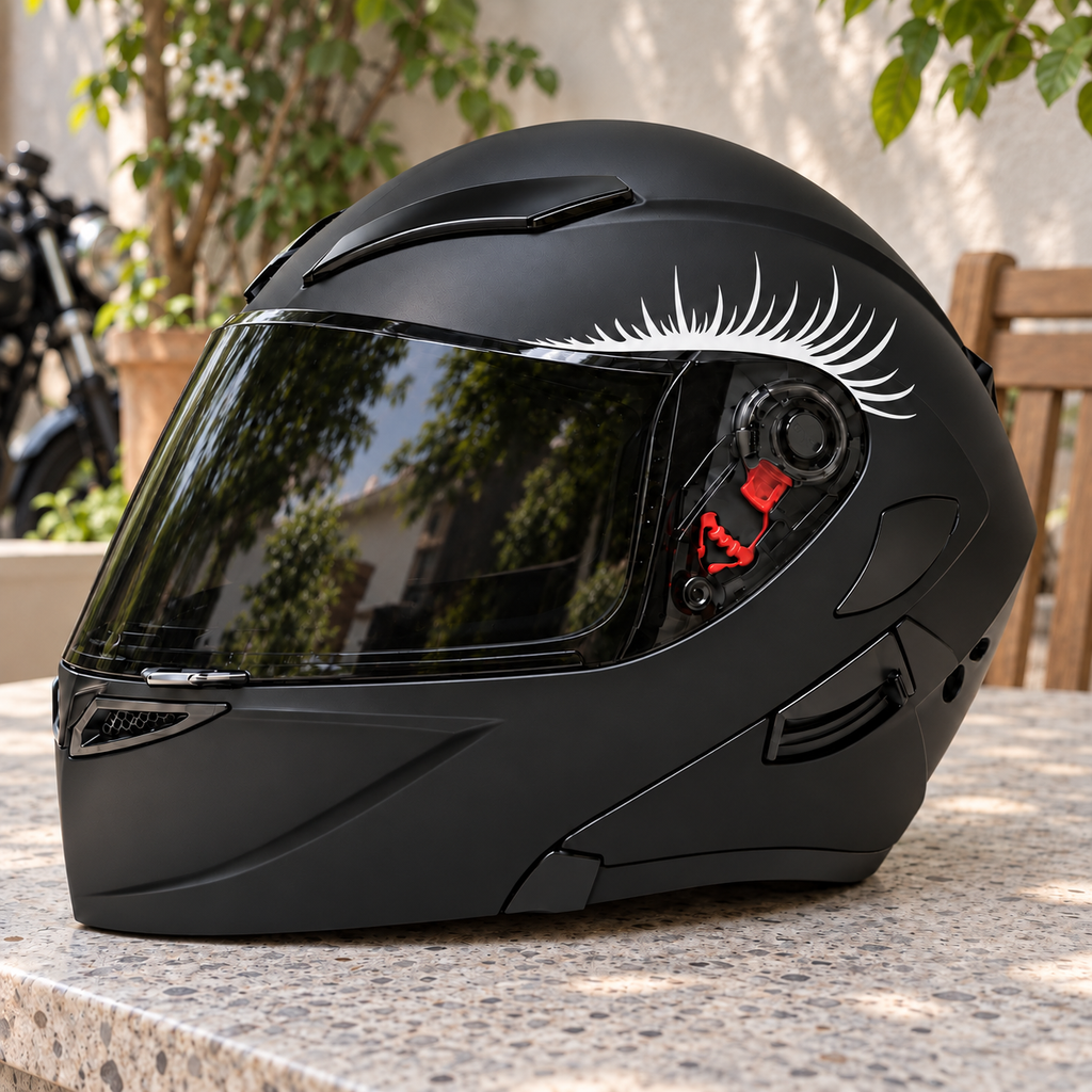 Eyelashes Helmet Sticker Set — approved helmet-only lifestyle photograph