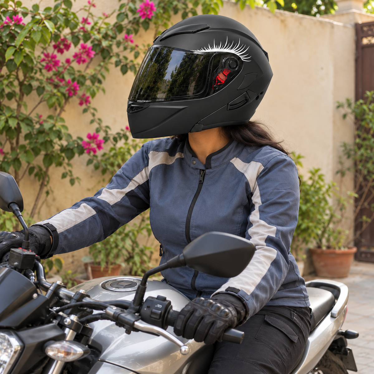 Rider wearing Eyelashes Helmet Sticker Set — approved lifestyle preview