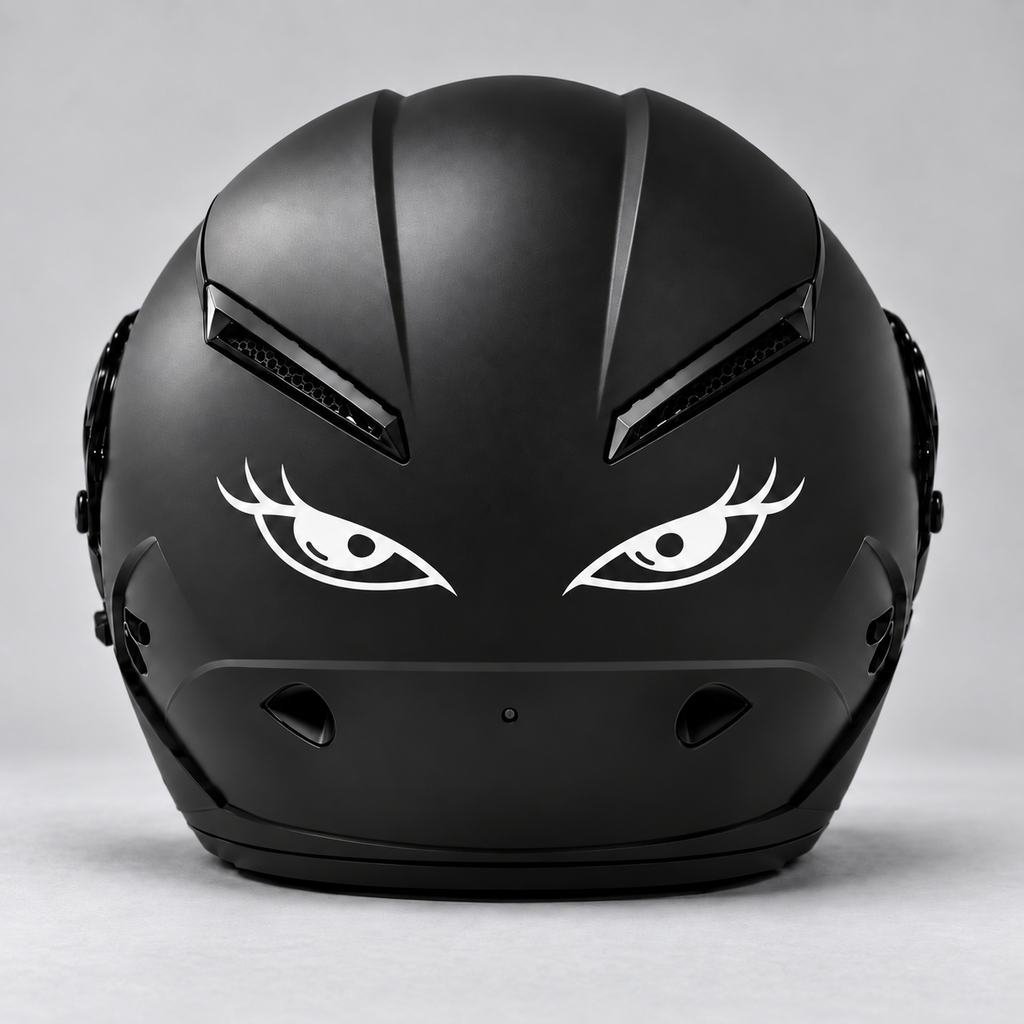 Notobyn eyes back helmet view — matching approved sticker