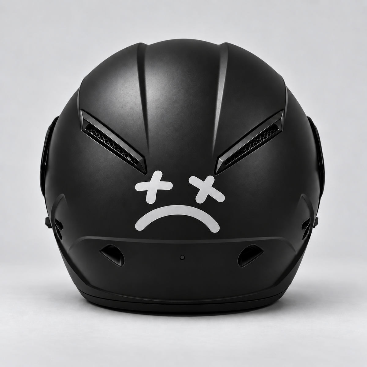 Notobyn sad-face sticker - back helmet view