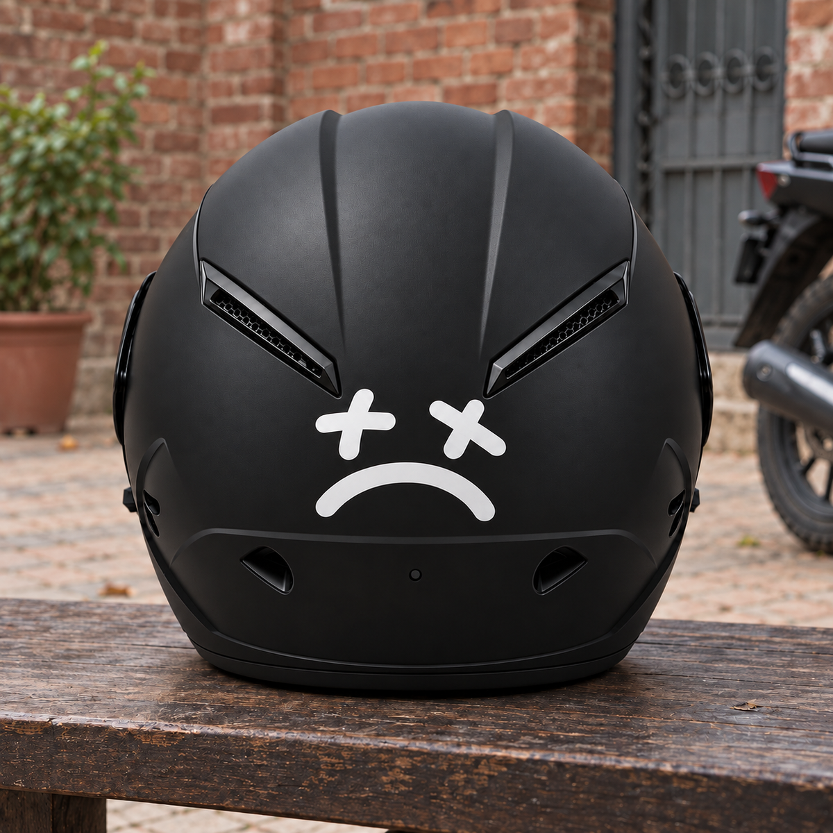 Sad Face Helmet Sticker — approved helmet-only lifestyle photograph