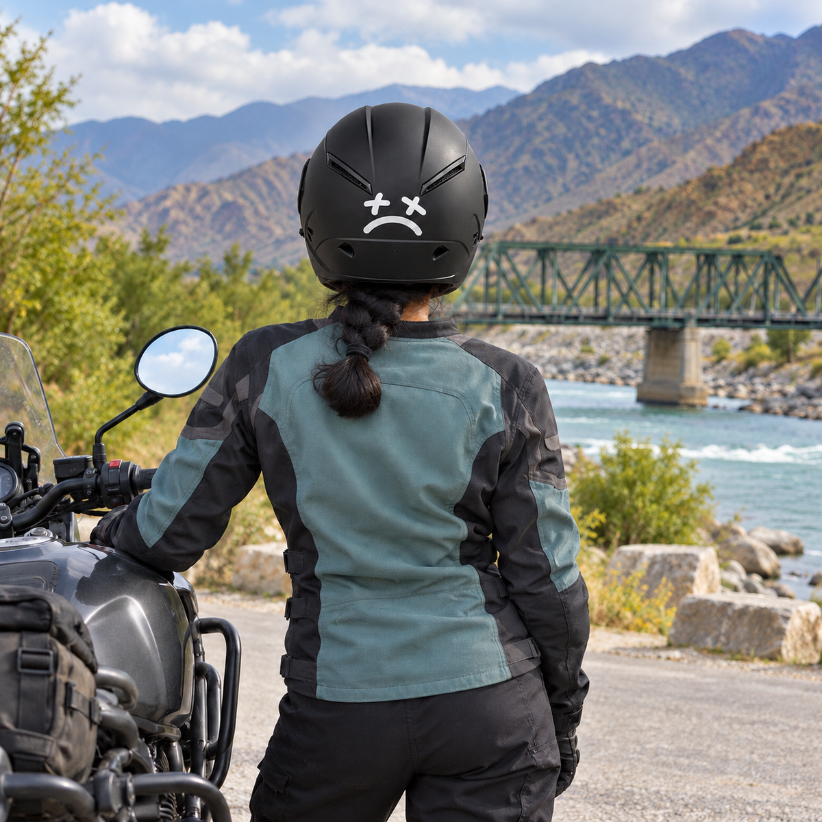Rider wearing Sad Face Helmet Sticker — approved lifestyle preview