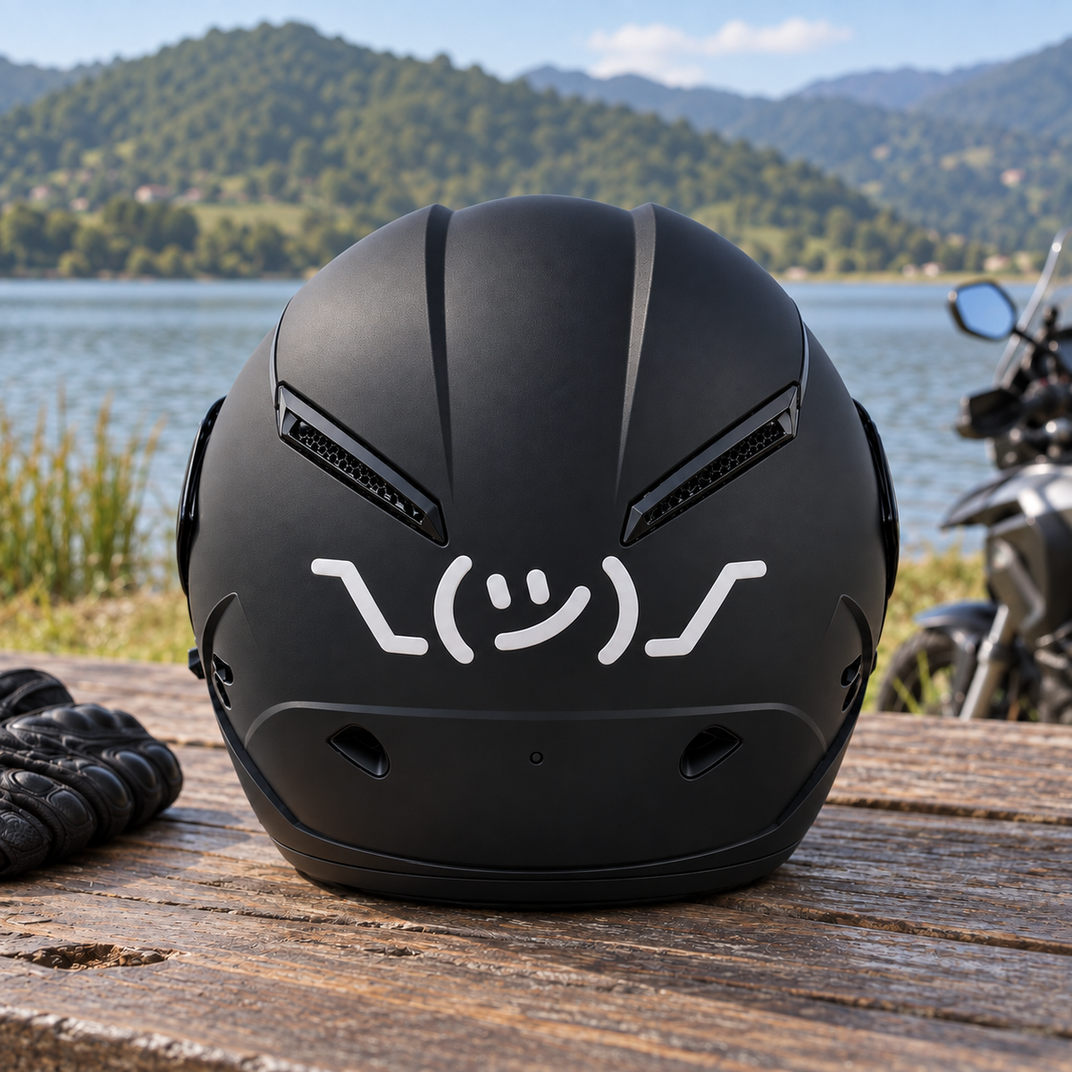 Shrug Helmet Sticker — approved helmet-only lifestyle photograph