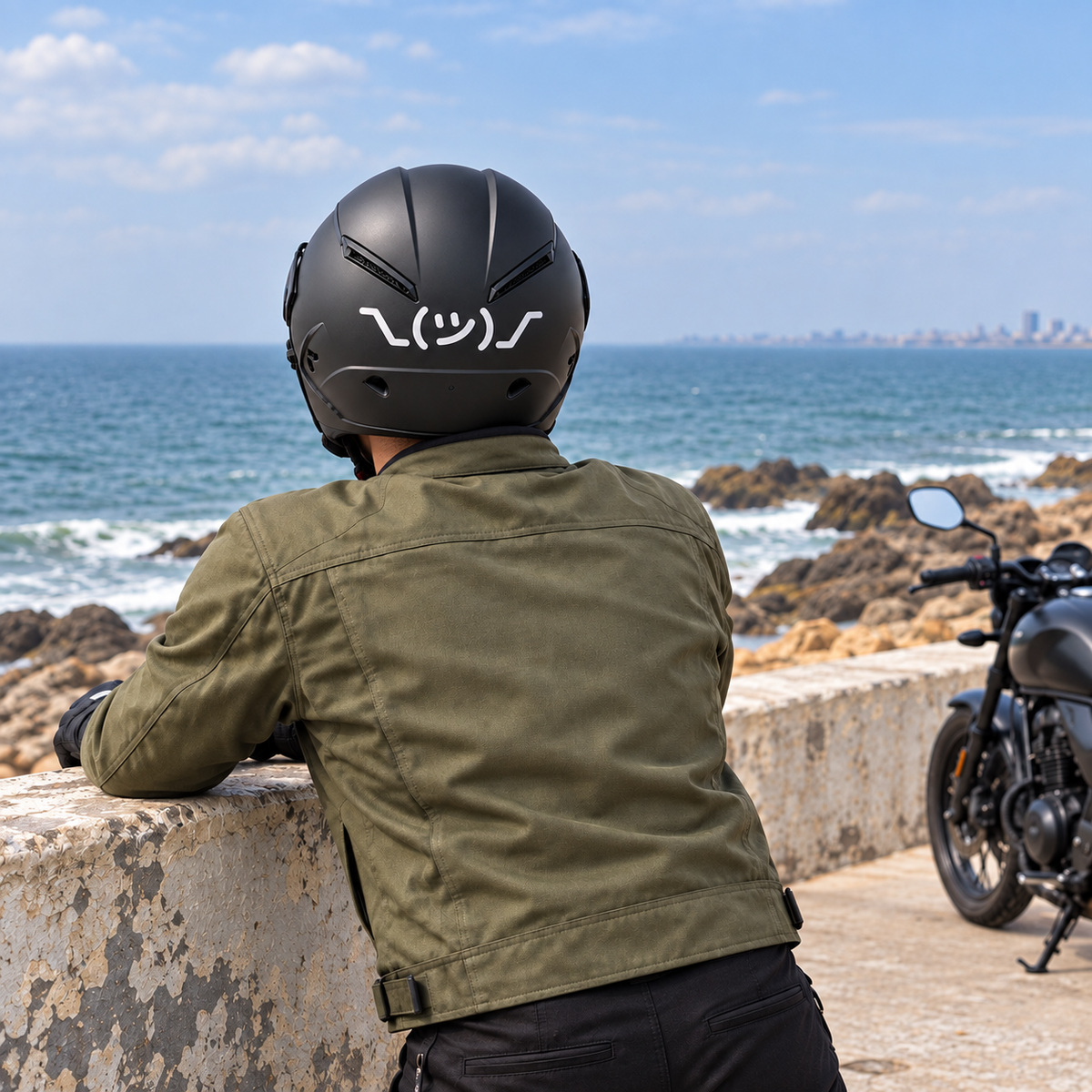 Rider wearing Shrug Helmet Sticker — approved lifestyle preview