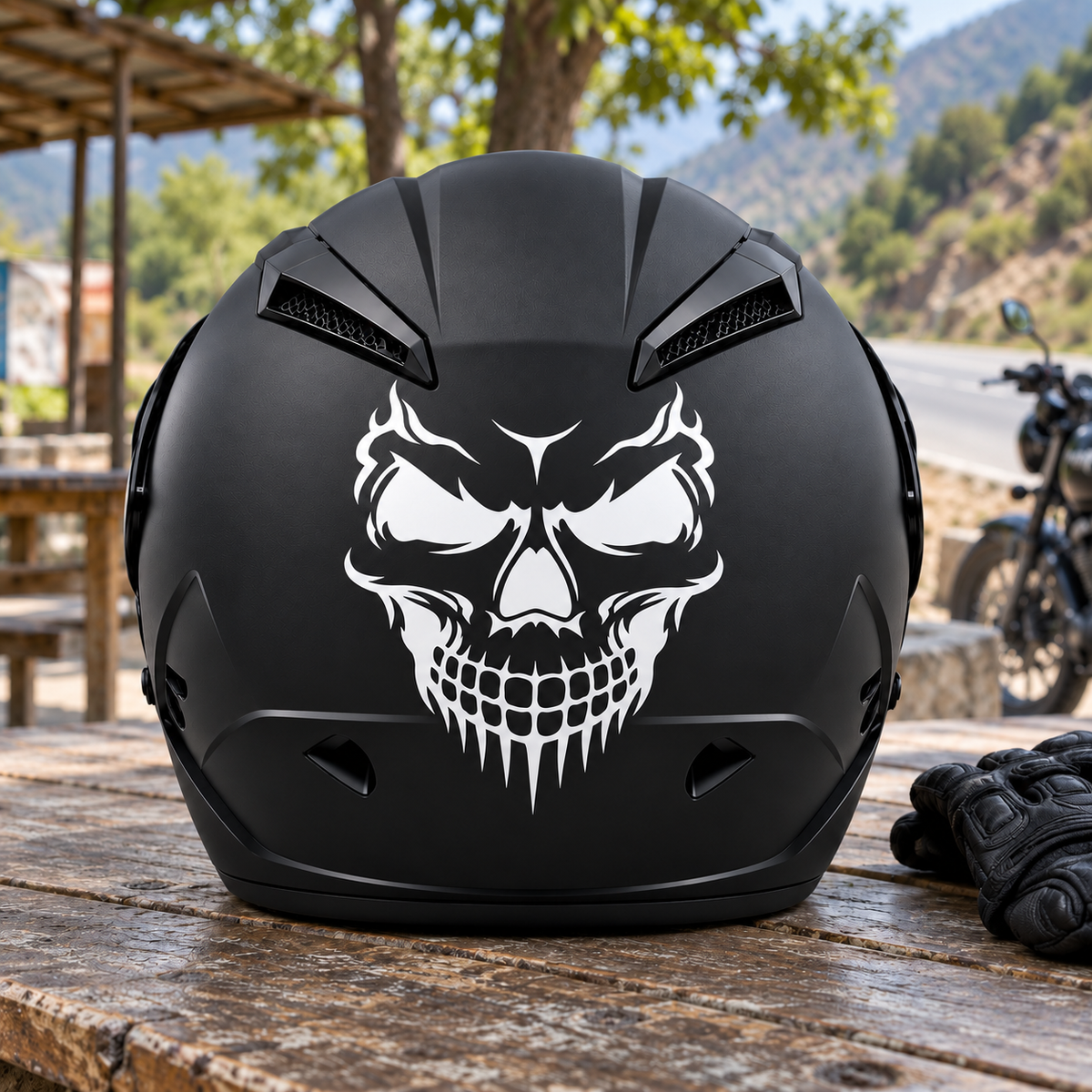 Skull Helmet Sticker — approved helmet-only lifestyle photograph