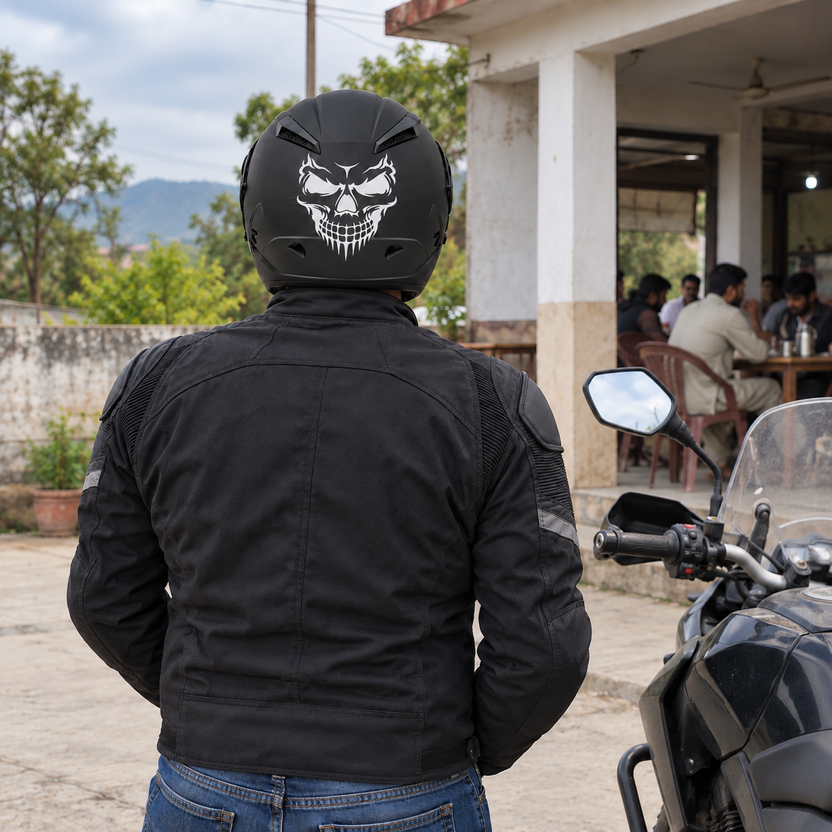 Rider wearing Skull Helmet Sticker — approved lifestyle preview