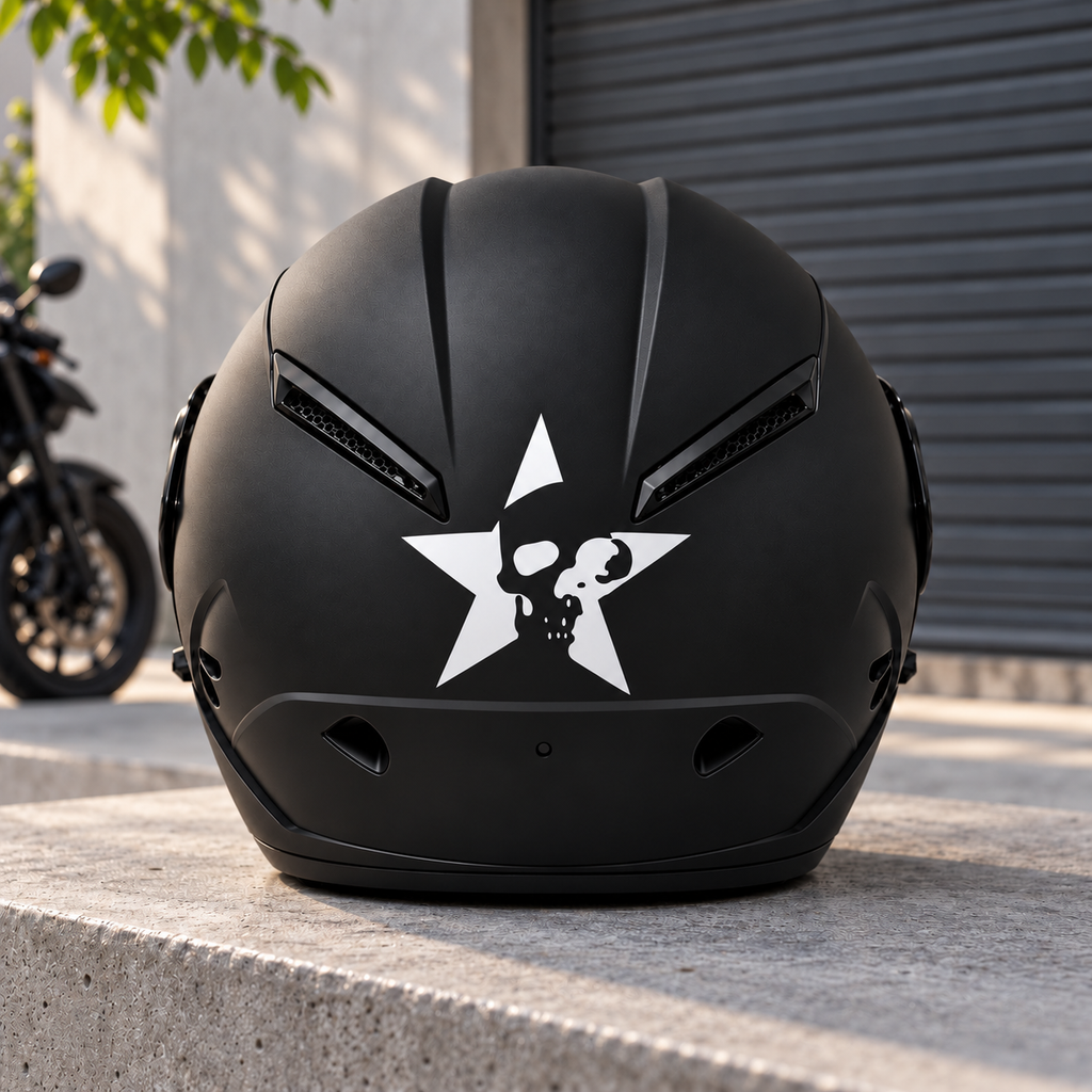 Skull Star Helmet Sticker — approved helmet-only lifestyle photograph
