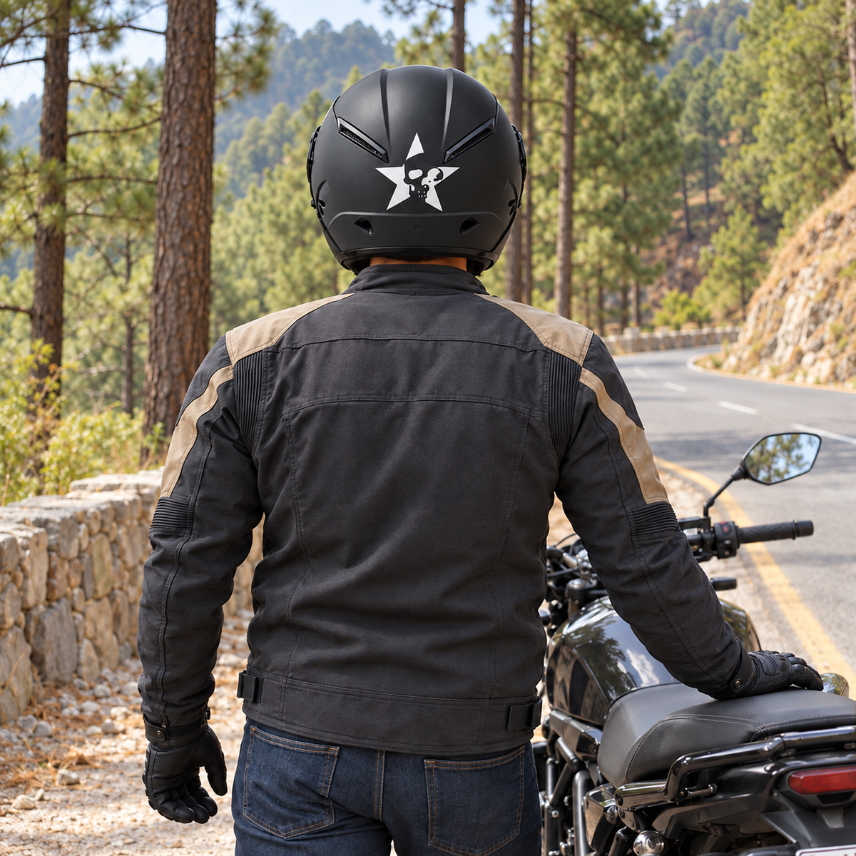Rider wearing Skull Star Helmet Sticker — approved lifestyle preview