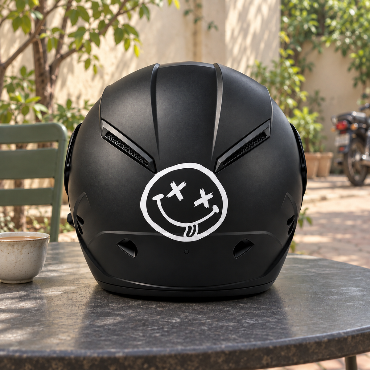 Smiley Helmet Sticker — approved helmet-only lifestyle photograph