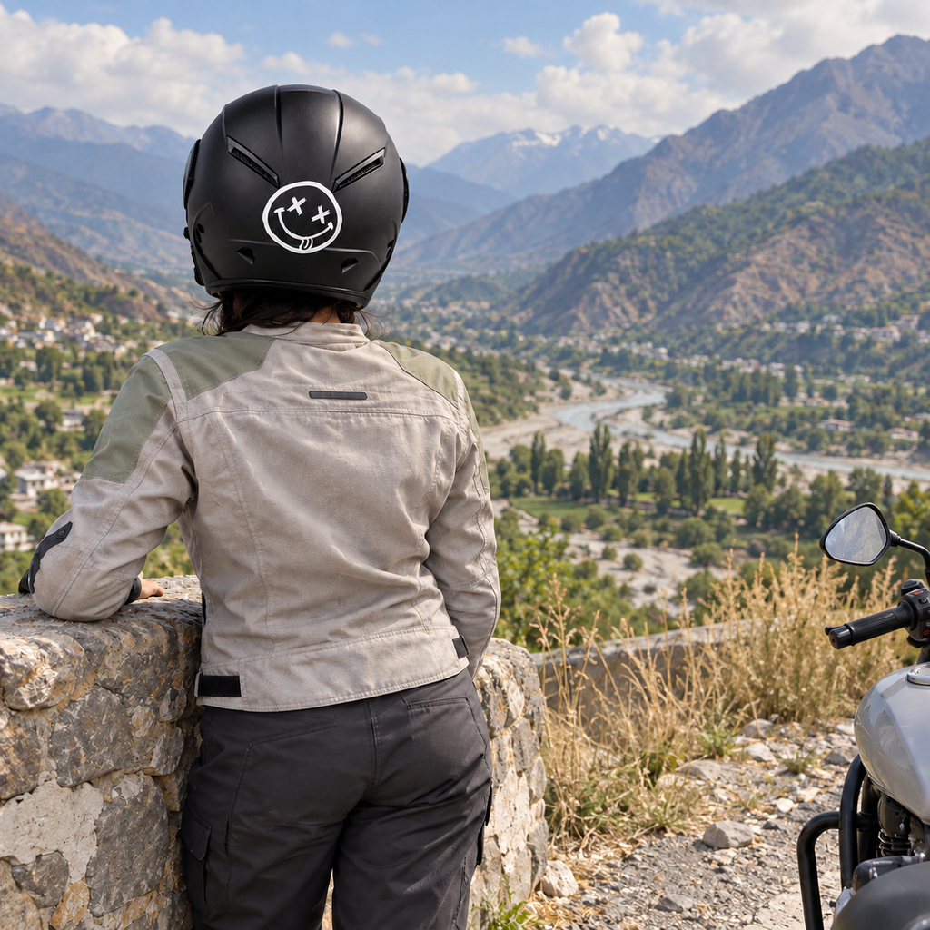 Rider wearing Smiley Helmet Sticker — approved lifestyle preview