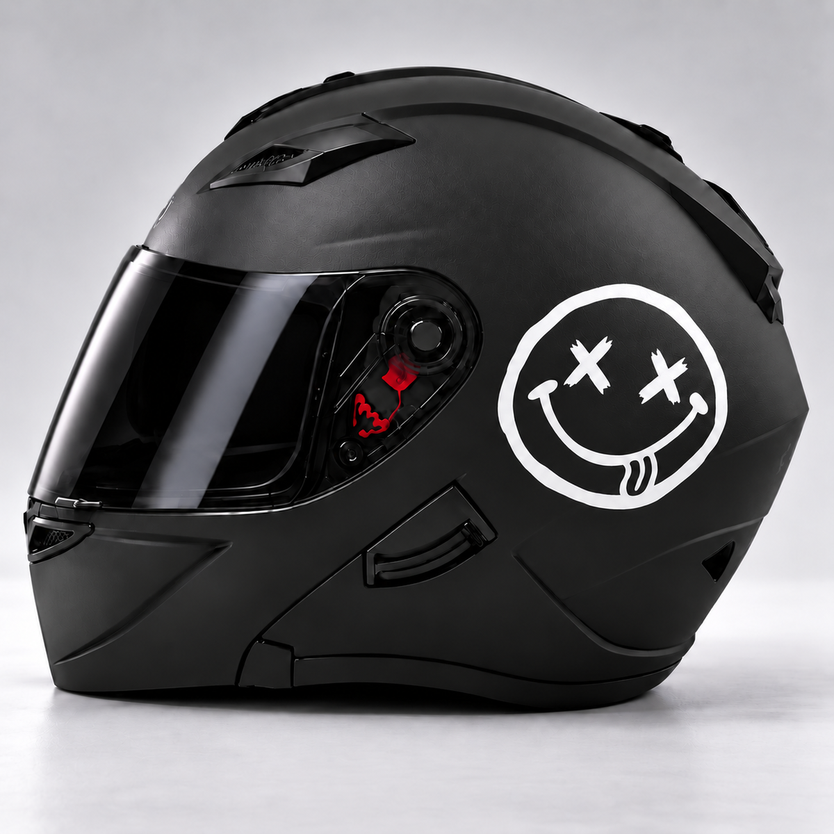 Notobyn smiley side helmet view — matching approved sticker