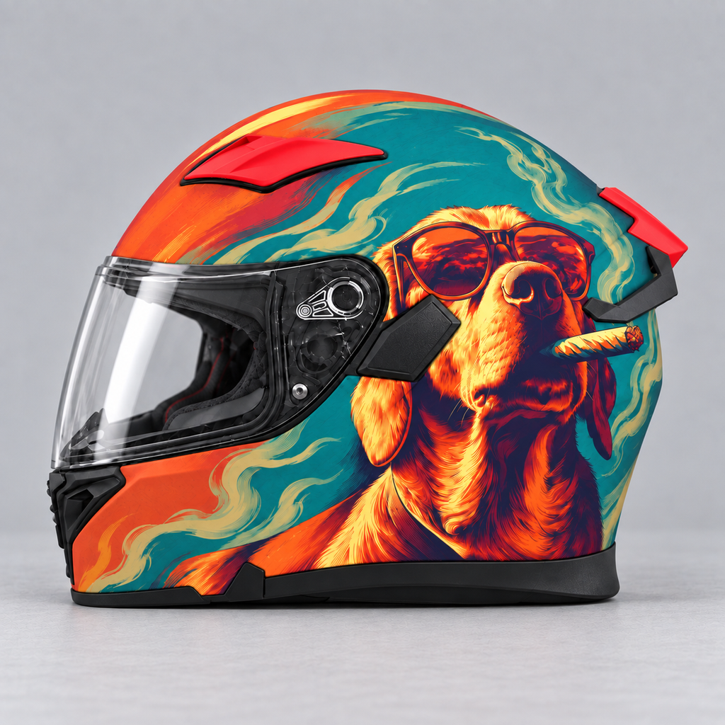smoking dog helmet wrap — left view