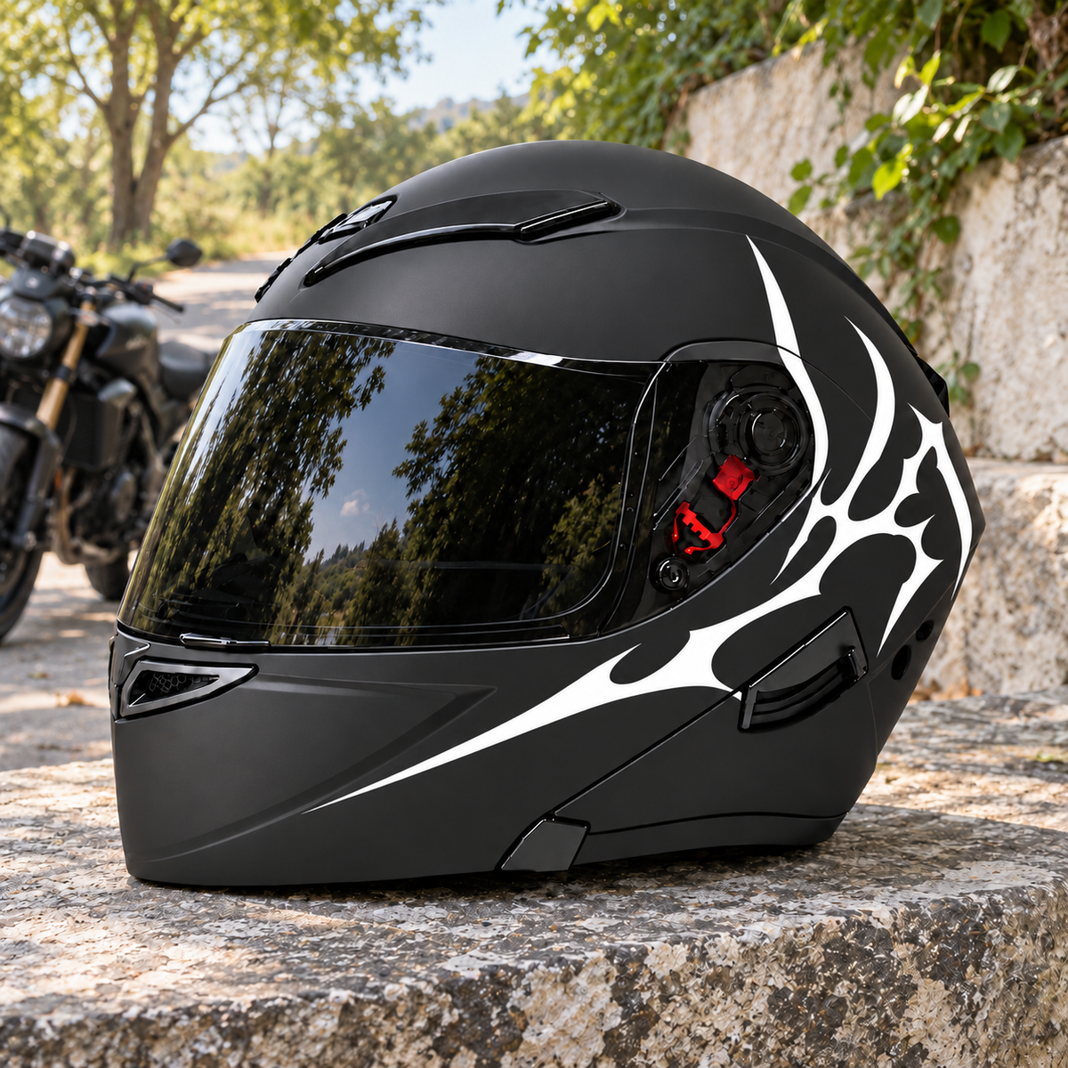 Tribal 01 Helmet Sticker Set — approved helmet-only lifestyle photograph