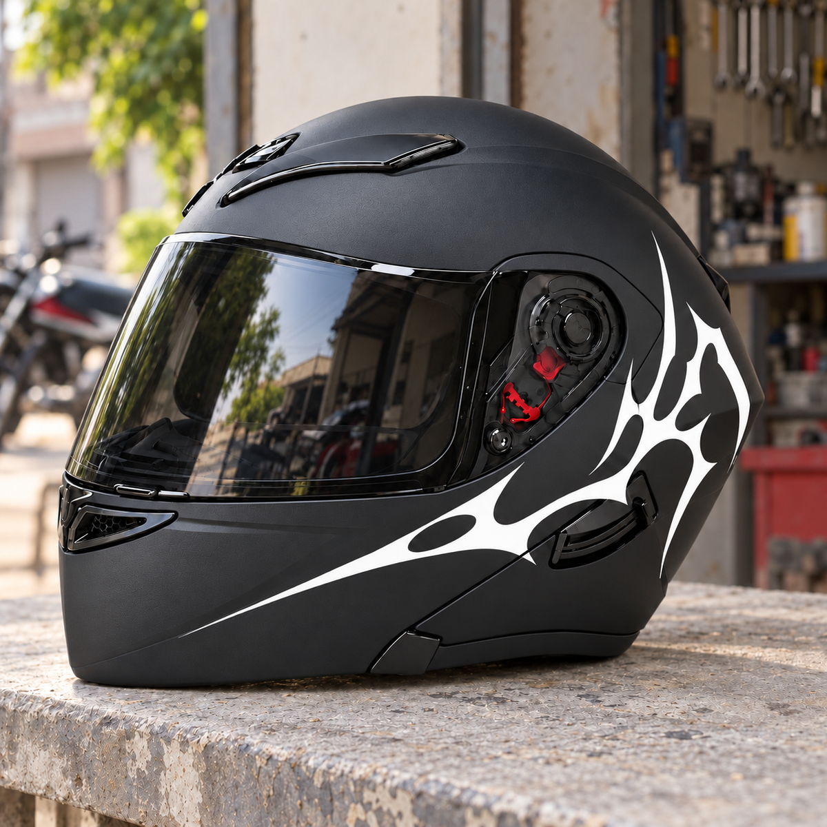 Tribal 03 Helmet Sticker Set — approved helmet-only lifestyle photograph