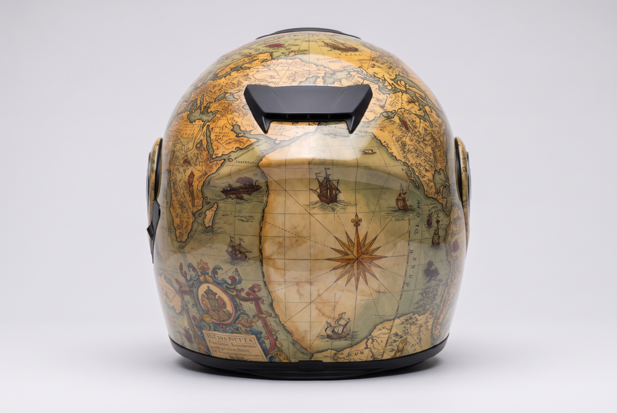 Treasure Map helmet wrap showing compass and ship artwork, rear view